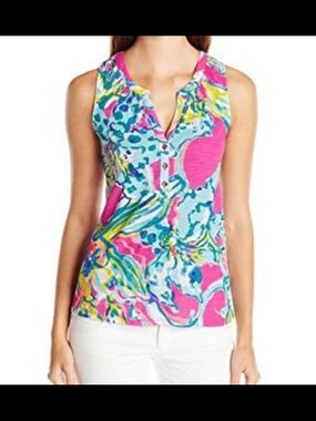 Lilly Pulitzer Sleeveless V-Neck Tank in Pink, Teal & Yellow Floral Print